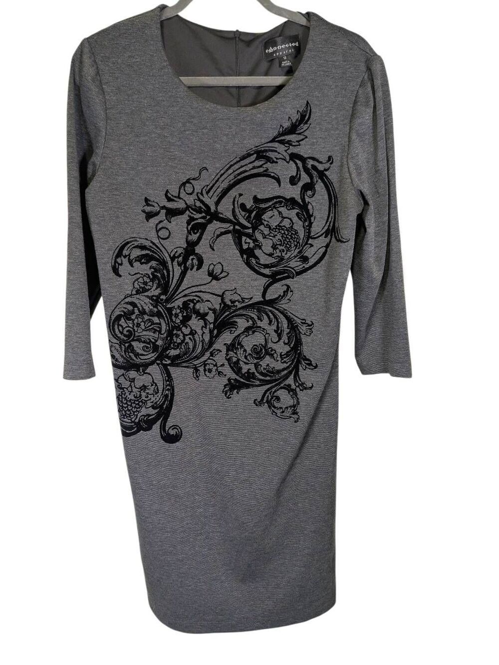 Connected Apparel dark gray long-sleeve midi dress featuring a bold black baroqu